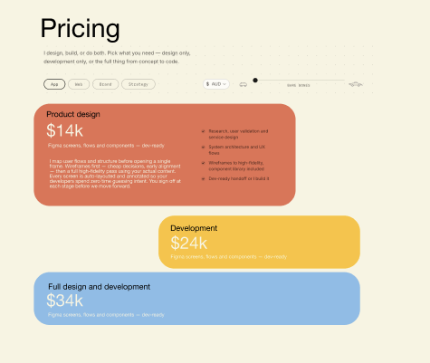 Pricing bars stretching across the page in red, yellow and blue