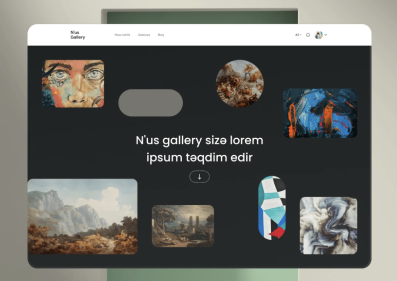 N'us Gallery reference — dark hero with scattered framed artworks around a centred title
