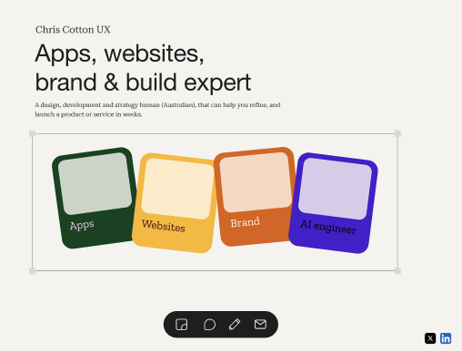 An early iteration of the homepage cards — Apps, Websites, Brand and AI engineer in coloured tilted squares