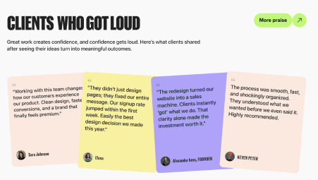 Clients who got loud — testimonial cards in pastel with a green More praise button